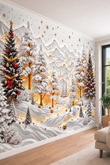 Dreamwall Karlı Dağ Manzarası, Işıklandırılmış Çam Ormanı, Yılbaşı Ağaçları ve Altın Detaylı Tek Parça Tekstil Duvar Kağıdı  küçük görsel 2