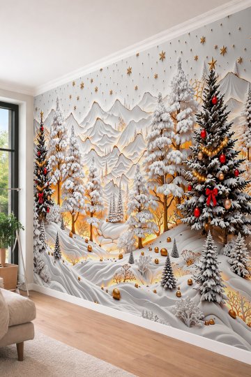 Dreamwall Karlı Dağ Manzarası, Işıklandırılmış Çam Ormanı, Yılbaşı Ağaçları ve Altın Detaylı Tek Parça Tekstil Duvar Kağıdı  küçük görsel 4