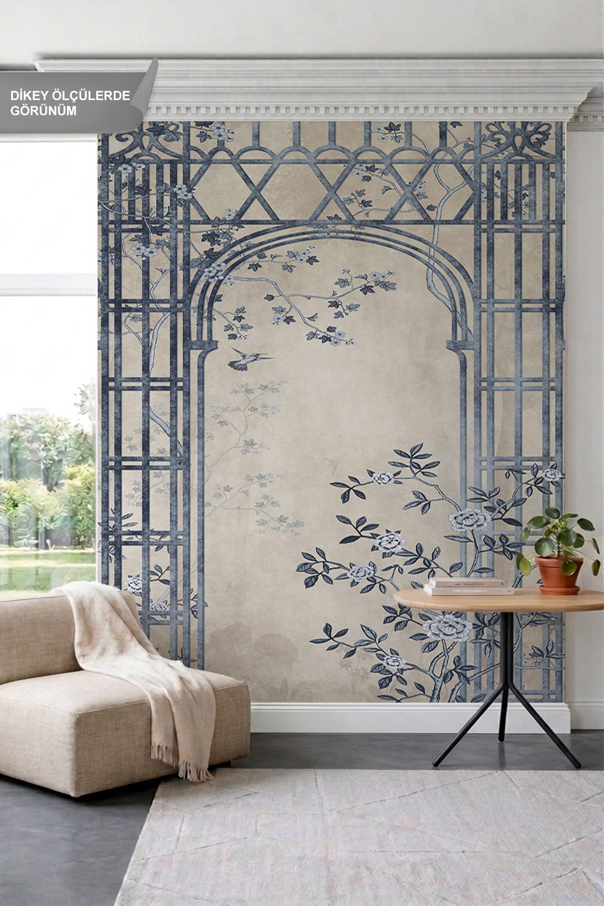 Dreamwall Kemerli Bahçe Çardığı, Sarmaşık Çiçekler ve Eskitme Motifli Tek Parça Tekstil Duvar Kağıdı görsel 1