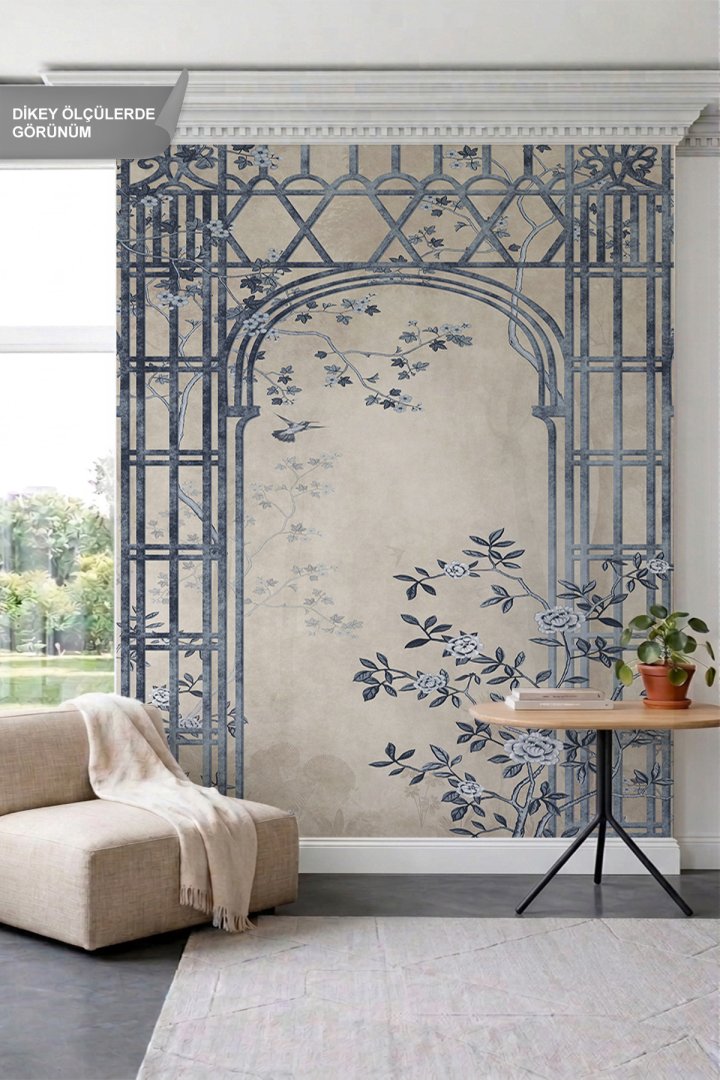 Dreamwall Kemerli Bahçe Çardığı, Sarmaşık Çiçekler ve Eskitme Motifli Tek Parça Tekstil Duvar Kağıdı