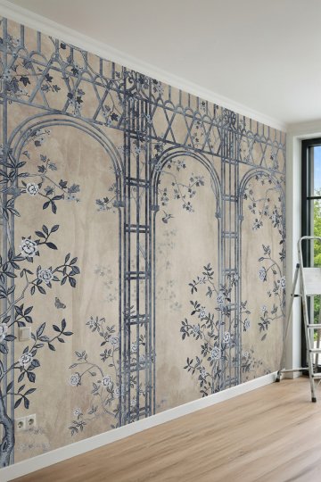 Dreamwall Kemerli Bahçe Çardığı, Sarmaşık Çiçekler ve Eskitme Motifli Tek Parça Tekstil Duvar Kağıdı küçük görsel 2