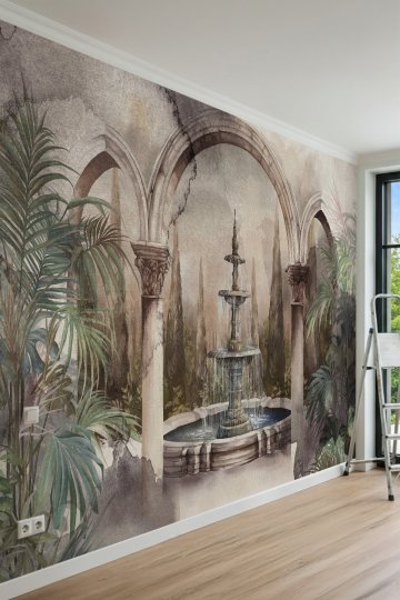 Dreamwall Kemerli Mimari, Klasik Bahçe Çeşmesi ve Tropikal Bitki Motifli Tek Parça Tekstil Duvar Kağıdı küçük görsel 2