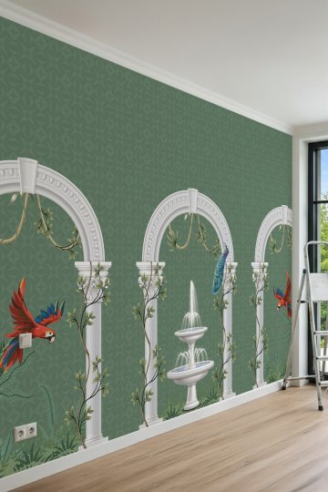 Dreamwall Kemerli Sütunlar, Fıskiye ve Papağan Desenli Tek Parça Tekstil Duvar Kağıdı