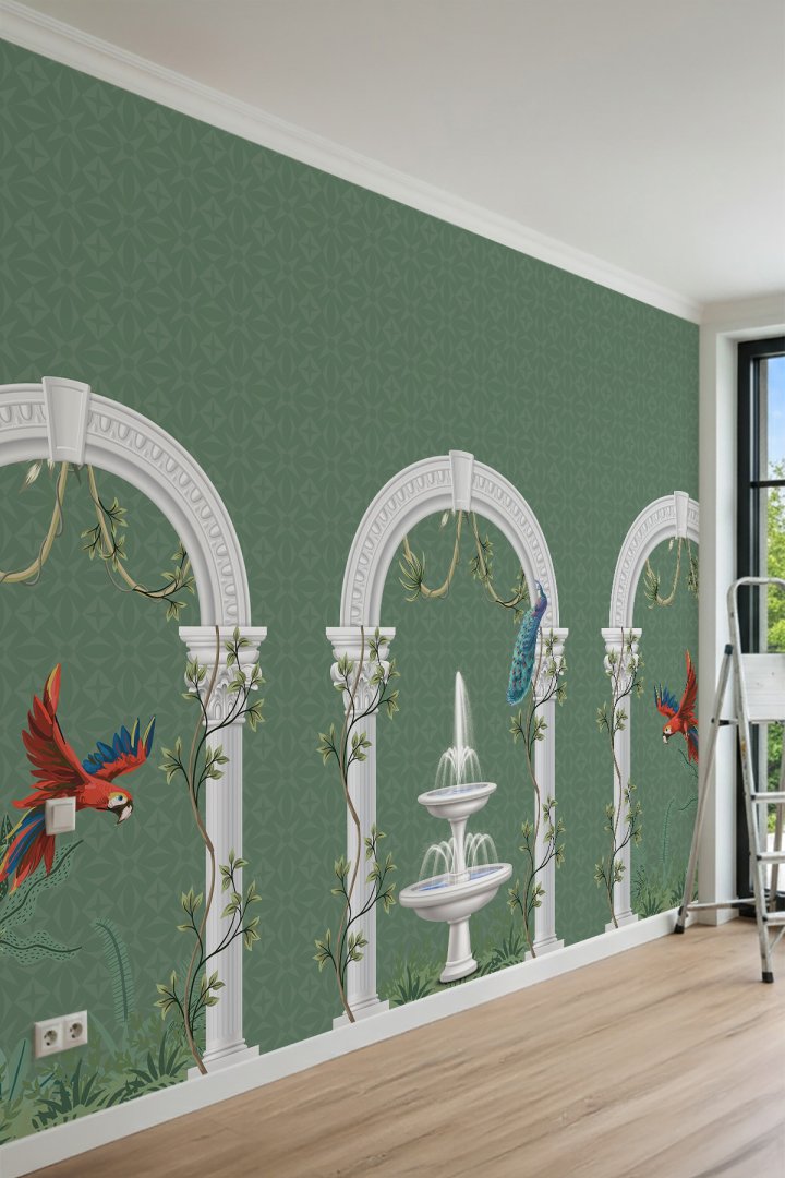 Dreamwall Kemerli Sütunlar, Fıskiye ve Papağan Desenli Tek Parça Tekstil Duvar Kağıdı