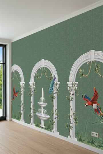 Dreamwall Kemerli Sütunlar, Fıskiye ve Papağan Desenli Tek Parça Tekstil Duvar Kağıdı küçük görsel 3