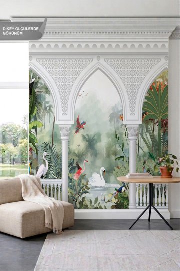 Dreamwall Kemerli Sütunlar, Flamingo, Kuğu ve Tropikal Doğa Manzaralı Tek Parça Tekstil Duvar Kağıdı küçük görsel 2