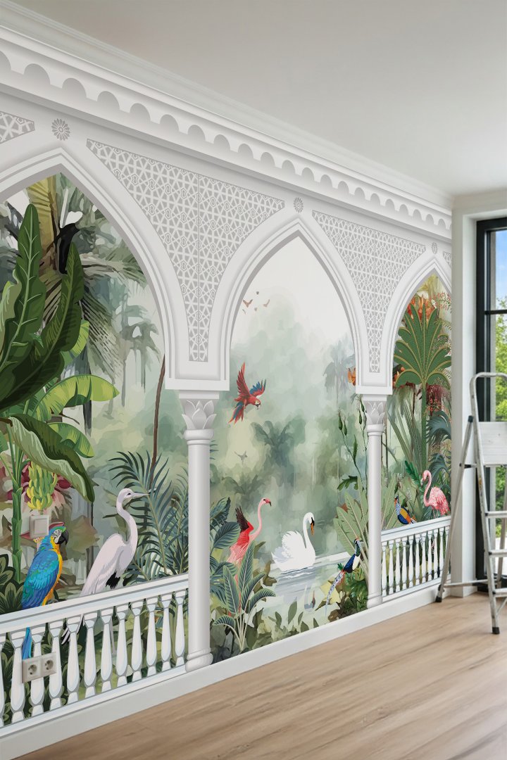 Dreamwall Kemerli Sütunlar, Flamingo, Kuğu ve Tropikal Doğa Manzaralı Tek Parça Tekstil Duvar Kağıdı