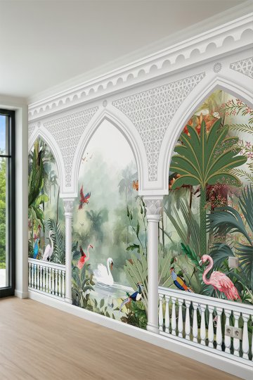 Dreamwall Kemerli Sütunlar, Flamingo, Kuğu ve Tropikal Doğa Manzaralı Tek Parça Tekstil Duvar Kağıdı küçük görsel 3