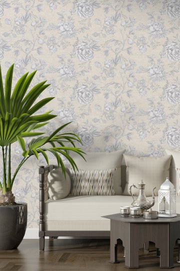 Dreamwall Keten Dokulu Fon Üzerinde Çizim Çiçek Desenli Tek Parça Tekstil Duvar Kağıdı