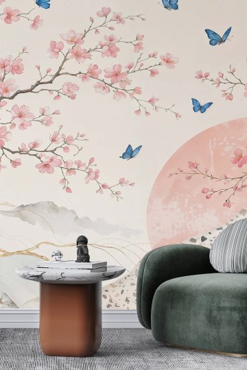 Dreamwall Kiraz Çiçekleri, Bambu Sapları, Kuşlar ve Kelebek Motifli Tek Parça Tekstil Duvar Kağıdı  küçük görsel 1