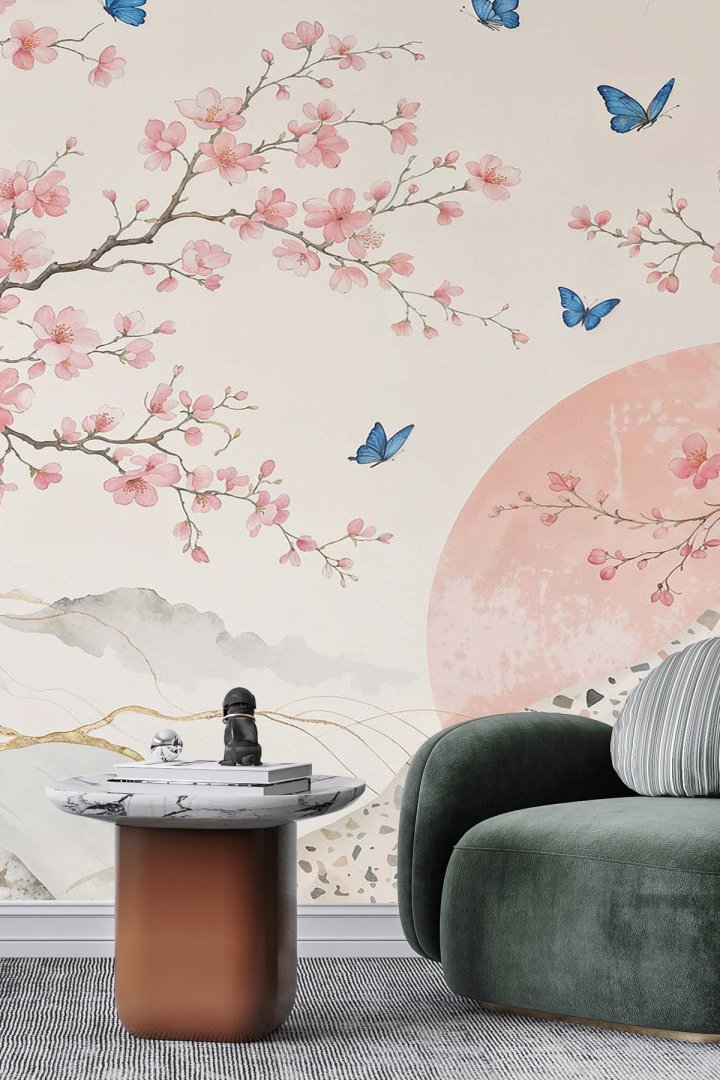 Dreamwall Kiraz Çiçekleri, Bambu Sapları, Kuşlar ve Kelebek Motifli Tek Parça Tekstil Duvar Kağıdı 