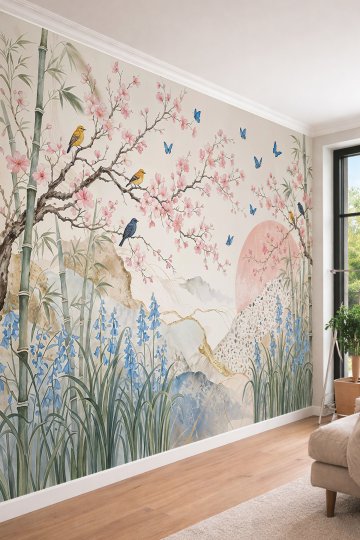 Dreamwall Kiraz Çiçekleri, Bambu Sapları, Kuşlar ve Kelebek Motifli Tek Parça Tekstil Duvar Kağıdı  küçük görsel 2