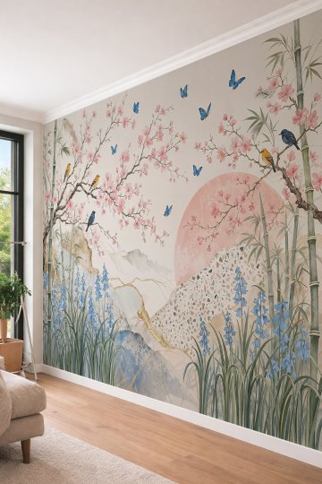 Dreamwall Kiraz Çiçekleri, Bambu Sapları, Kuşlar ve Kelebek Motifli Tek Parça Tekstil Duvar Kağıdı  küçük görsel 4