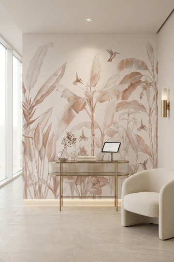 Dreamwall Kiremit Sinek Kuşu Bahçesi-Sinek Kuşu ve Tropikal Btirkiler Desenli Tek Parça Tekstil Duvar Kağıdı 