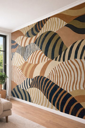 Dreamwall Kiremit, Taba ve Lacivert Tonlarında Çizgili Tepeler ve Dalga Motifli Tek Parça Tekstil Duvar Kağıdı  küçük görsel 3