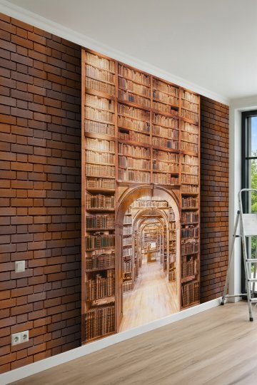 Dreamwall Kırmızı Tuğla Çerçeveli, Antik Kitaplıklar ve Kemerli Kütüphane Koridoru Tek Parça Tekstil...