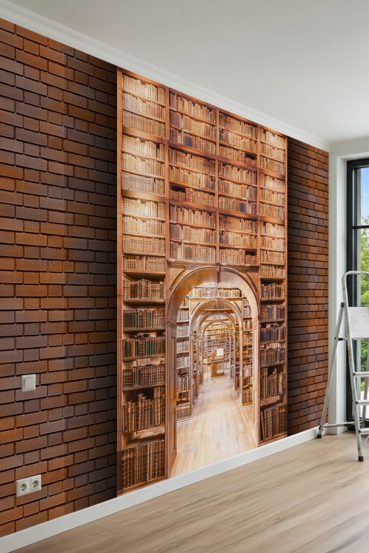 Dreamwall Kırmızı Tuğla Çerçeveli, Antik Kitaplıklar ve Kemerli Kütüphane Koridoru Tek Parça Tekstil...