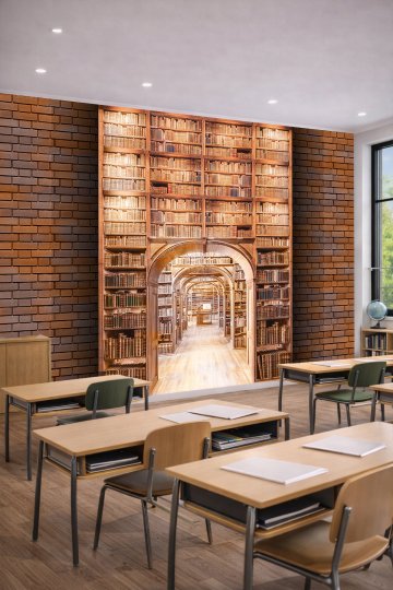 Dreamwall Kırmızı Tuğla Çerçeveli, Antik Kitaplıklar ve Kemerli Kütüphane Koridoru Tek Parça Tekstil Duvar Kağıdı