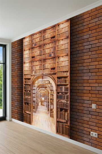 Dreamwall Kırmızı Tuğla Çerçeveli, Antik Kitaplıklar ve Kemerli Kütüphane Koridoru Tek Parça Tekstil Duvar Kağıdı küçük görsel 3