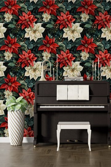 Dreamwall Kırmızı ve Krem Atatürk Çiçeği Motifli Tek Parça Tekstil Duvar Kağıdı