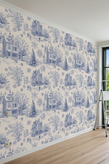 Dreamwall Kış Manzaralı, Kasaba ve Kar Tanesi Desenli Tek Parça Tekstil Duvar Kağıdı küçük görsel 4
