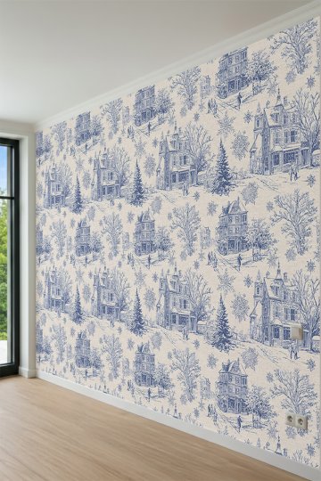 Dreamwall Kış Manzaralı, Kasaba ve Kar Tanesi Desenli Tek Parça Tekstil Duvar Kağıdı küçük görsel 5