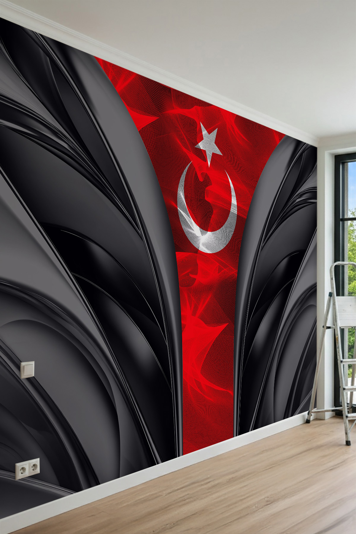 Dreamwall Kıvrımlı Paneller ve Ay-Yıldız Desenli Tek Parça Tekstil Duvar Kağıdı görsel 1