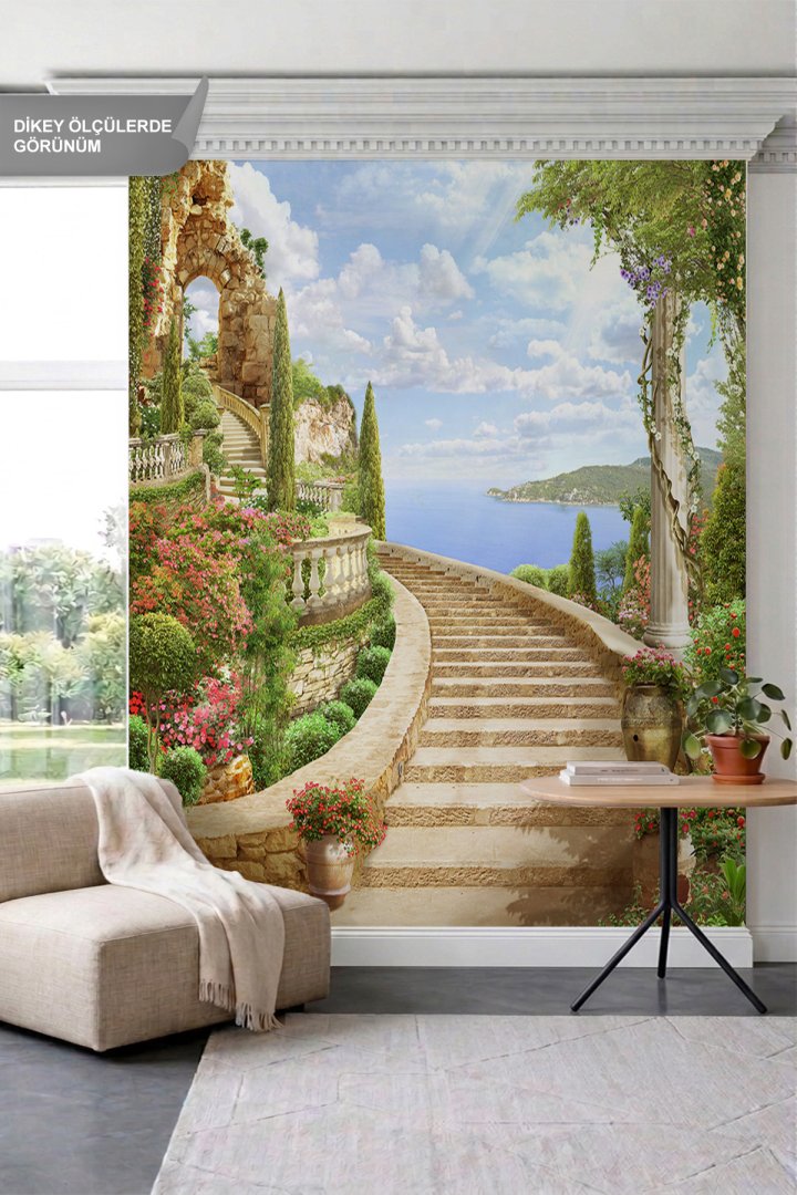 Dreamwall Kıvrımlı Taş Merdivenler, Çiçekli Teraslar ve Deniz Manzaralı Tek Parça Tekstil Duvar Kağı...