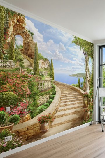 Dreamwall Kıvrımlı Taş Merdivenler, Çiçekli Teraslar ve Deniz Manzaralı Tek Parça Tekstil Duvar Kağıdı küçük görsel 2