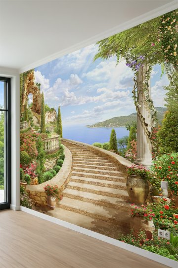 Dreamwall Kıvrımlı Taş Merdivenler, Çiçekli Teraslar ve Deniz Manzaralı Tek Parça Tekstil Duvar Kağıdı küçük görsel 3