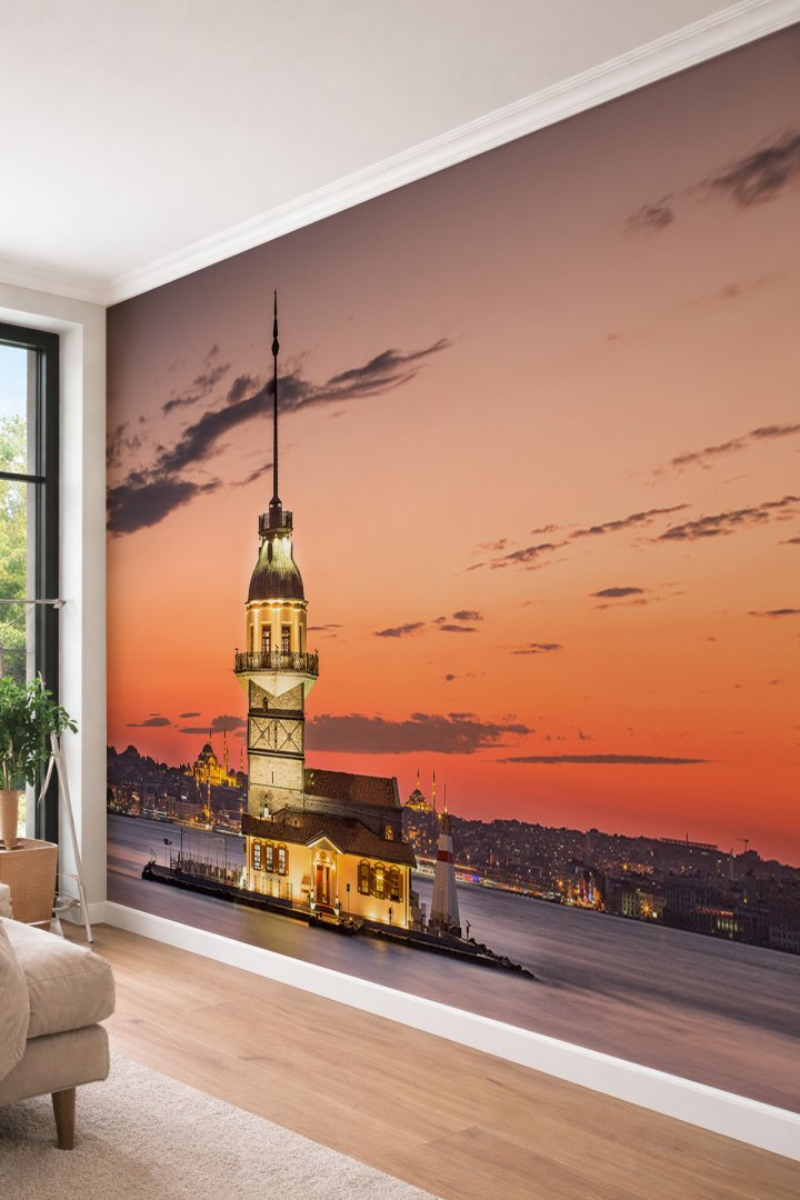 Dreamwall Kız Kulesi ve İstanbul Boğazı - Gün Batımı Manzaralı Tek Parça Tekstil Duvar Kağıdı