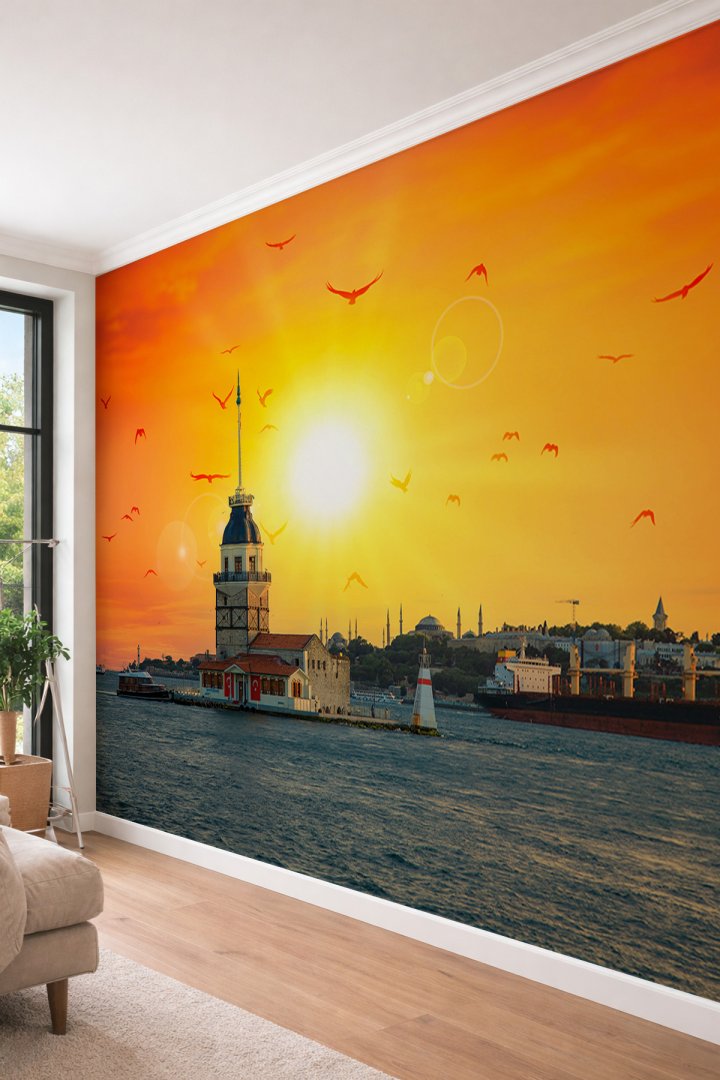 Dreamwall Kız Kulesi ve Tarihi Yarımada Manzaralı Gün Batımı Temalı Tek Parça Tekstil Duvar Kağıdı