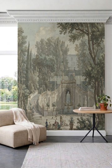 Dreamwall Klasik Bahçe ve Tarihi Çeşme Manzaralı Vintage Tek Parça Tekstil Duvar Kağıdı küçük görsel 2
