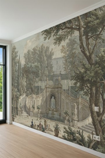 Dreamwall Klasik Bahçe ve Tarihi Çeşme Manzaralı Vintage Tek Parça Tekstil Duvar Kağıdı küçük görsel 3