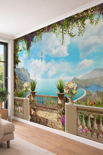 Dreamwall Klasik Balkon Manzaralı Deniz ve Dağ Panoraması Tek Parça Tekstil Duvar Kağıdı