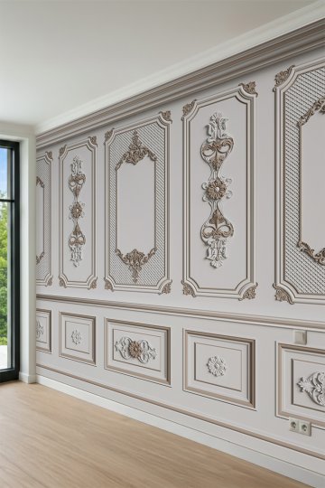 Dreamwall Klasik Rölyef Panel ve Lambri Desenli Tek Parça Tekstil Duvar Kağıdı küçük görsel 3