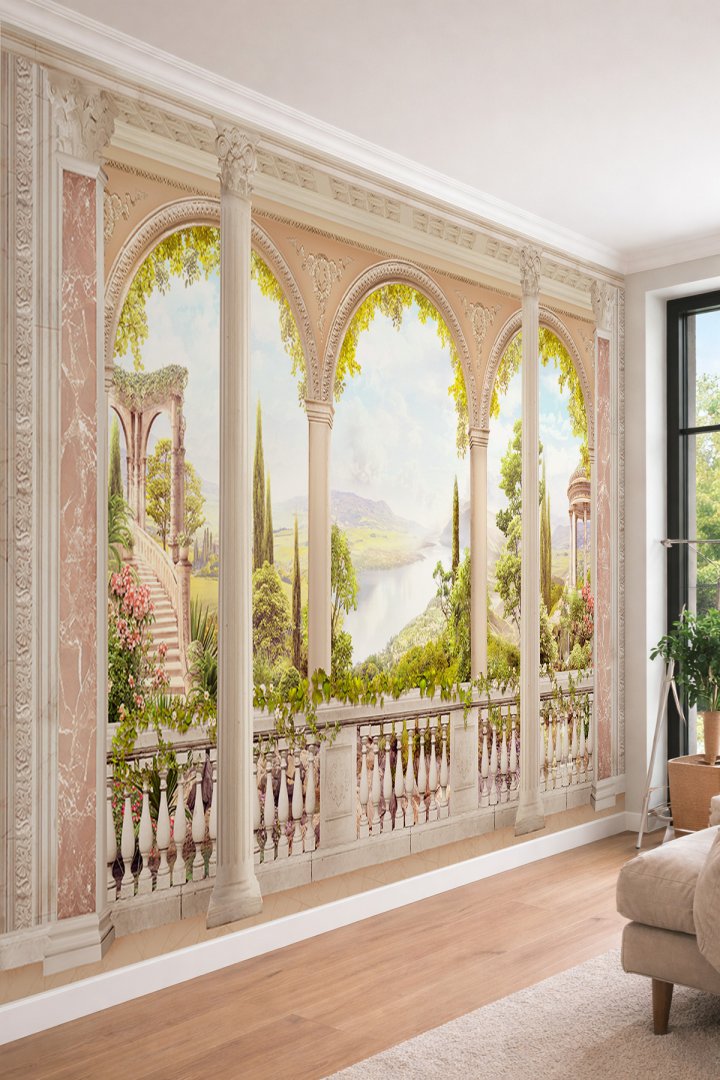 Dreamwall Klasik Saray Balkonu ve Doğa Manzaralı - 3D Sütun Efektli Tek Parça Tekstil Duvar Kağıdı