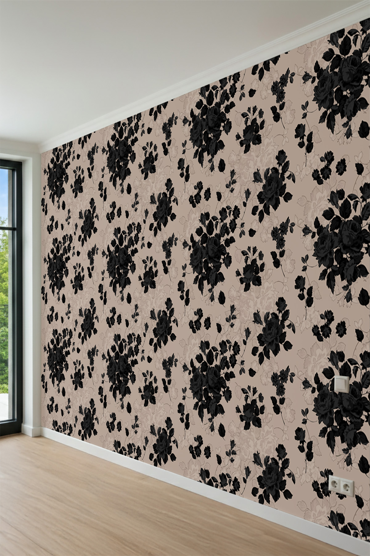 Dreamwall Klasik Siyah Gül Desenli Tek Parça Tekstil Duvar Kağıdı görsel 1