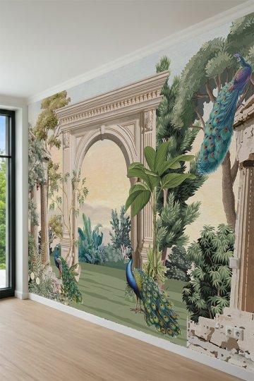 Dreamwall Klasik Taş Kemerli ve Tavus Kuşlu Saray Bahçesi Tek Parça Tekstil Duvar Kağıdı küçük görsel 3