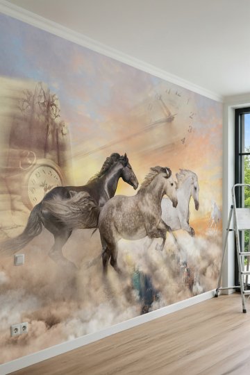 Dreamwall Koşan Atlar, Dev Saat ve Sürrealist Bulut Temalı Tek Parça Tekstil Duvar Kağıdı küçük görsel 2