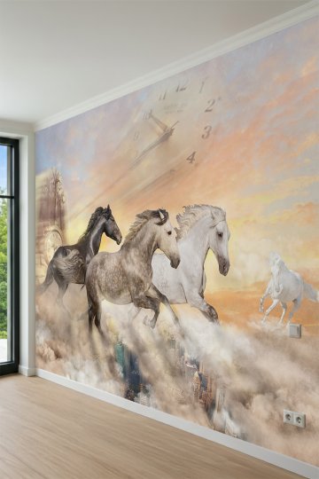 Dreamwall Koşan Atlar, Dev Saat ve Sürrealist Bulut Temalı Tek Parça Tekstil Duvar Kağıdı küçük görsel 3