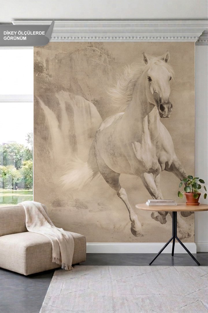 Dreamwall Koşan Beyaz At, Şelale ve Sepiya Tonlarında Doğa Manzaralı Tek Parça Tekstil Duvar Kağıdı