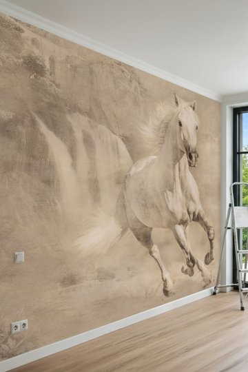 Dreamwall Koşan Beyaz At, Şelale ve Sepiya Tonlarında Doğa Manzaralı Tek Parça Tekstil Duvar Kağıdı küçük görsel 2