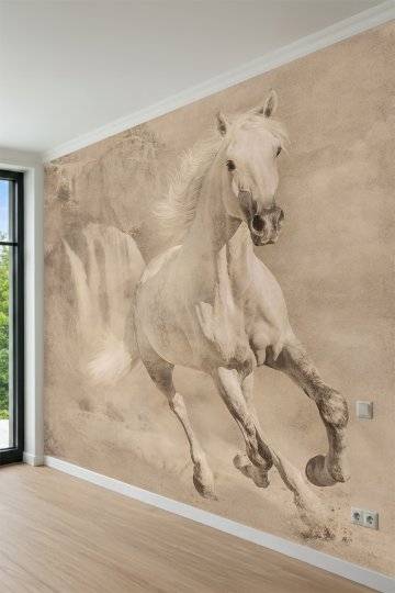 Dreamwall Koşan Beyaz At, Şelale ve Sepiya Tonlarında Doğa Manzaralı Tek Parça Tekstil Duvar Kağıdı küçük görsel 3