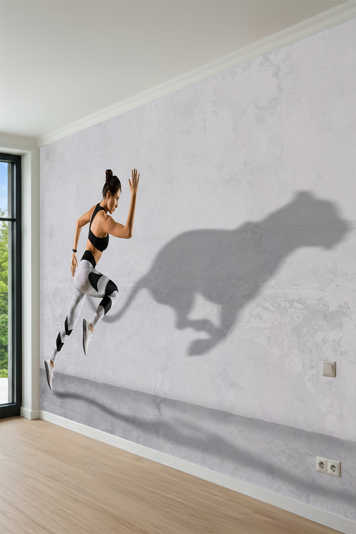 Dreamwall Koşan Kadın ve Leopar Gölge Görünümlü Tek Parça Tekstil Duvar Kağıdı görsel 1