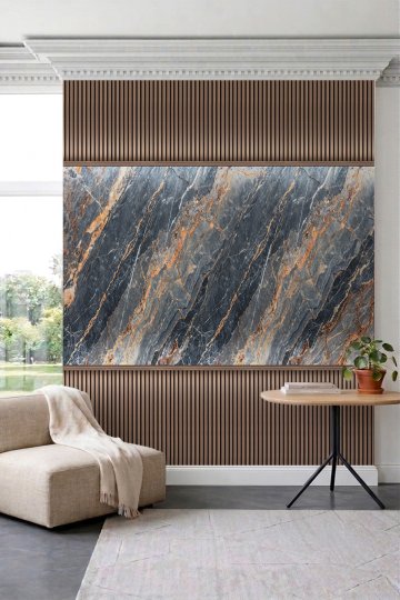 Dreamwall Koyu Mermer ve Ahşap Çıta Desenli Tek Parça Tekstil Duvar Kağıdı küçük görsel 2