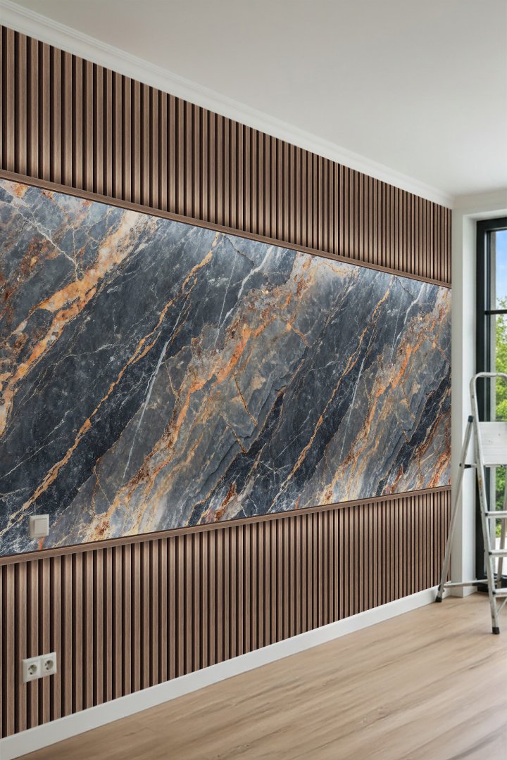 Dreamwall Koyu Mermer ve Ahşap Çıta Desenli Tek Parça Tekstil Duvar Kağıdı