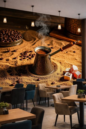 Dreamwall Kumda Türk Kahvesi, Cezve ve Lokum Motifli Tek Parça Tekstil Duvar Kağıdı