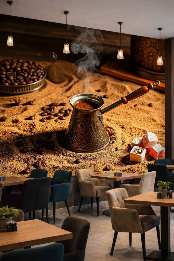 Dreamwall Kumda Türk Kahvesi, Cezve ve Lokum Motifli Tek Parça Tekstil Duvar Kağıdı