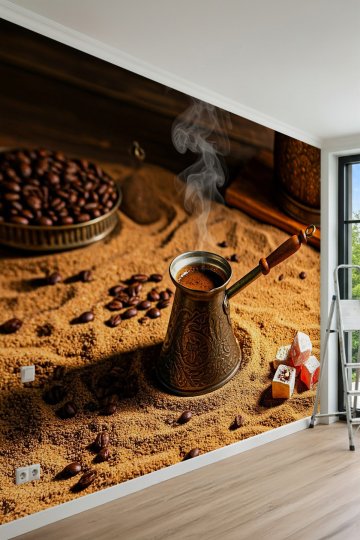 Dreamwall Kumda Türk Kahvesi, Cezve ve Lokum Motifli Tek Parça Tekstil Duvar Kağıdı küçük görsel 2